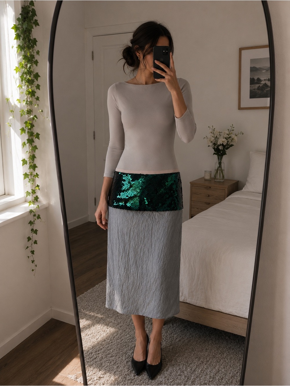 Zara Contemporary Sequin Sheer Midi Skirt Green Silver Size S Spring Party